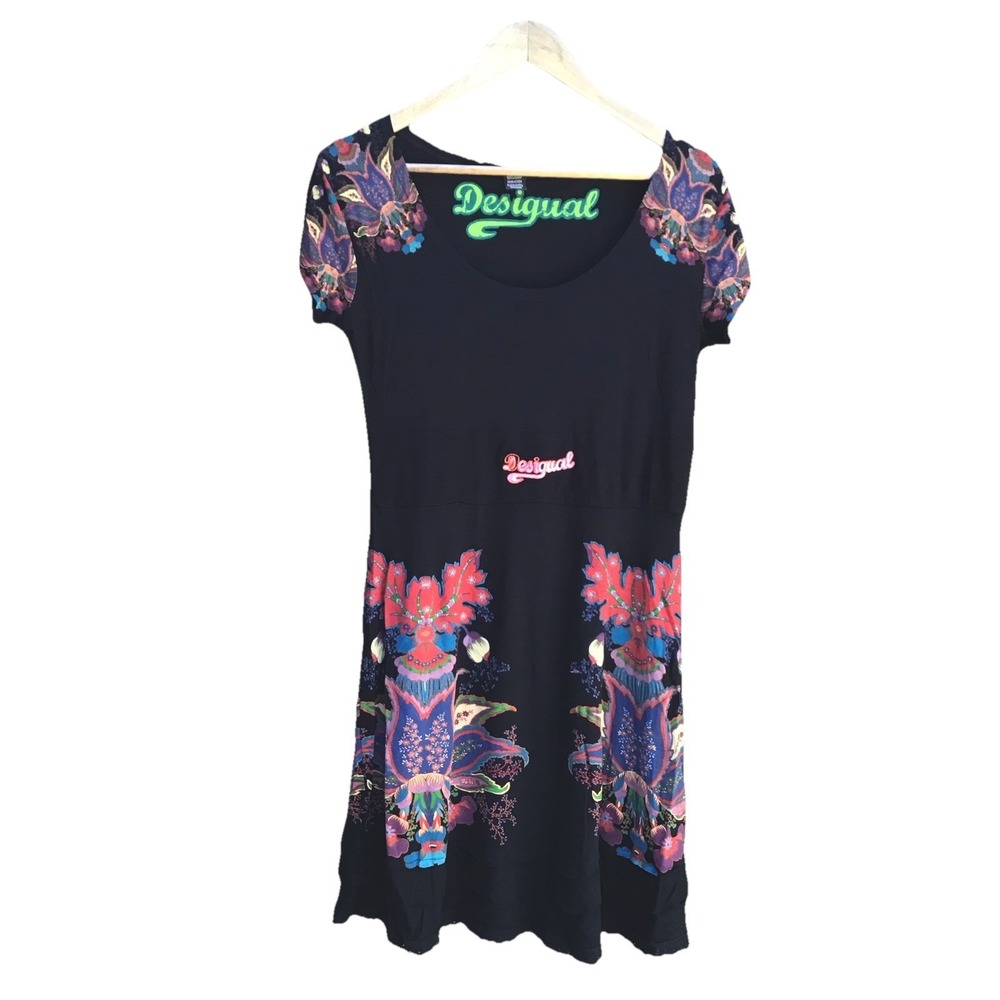 Desigual Floral Print Black Midi Dress Women's XL Boho Artsy Short Sleeve